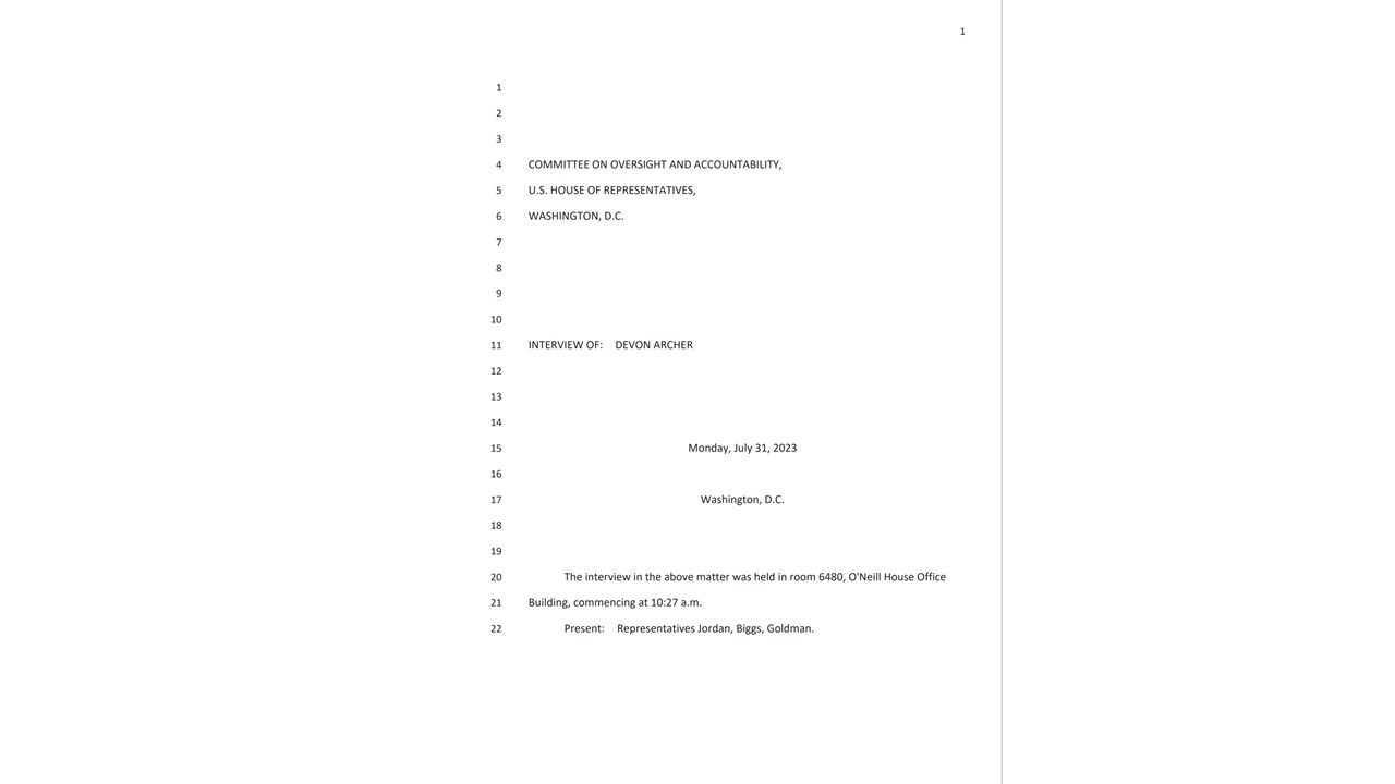 Devon Archer Transcribed Interview Transcript. Click here to view transcript.