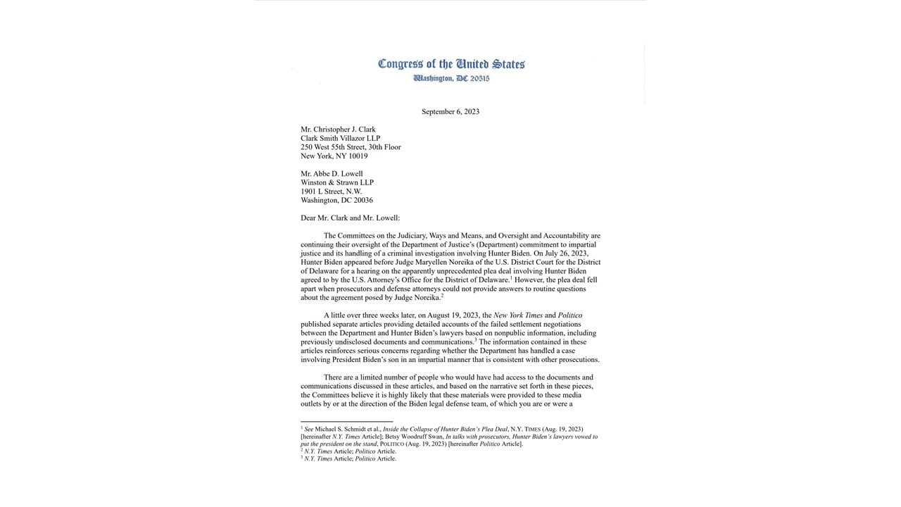 Read the full letter to Hunter Biden’s attorneys. Click here to view document