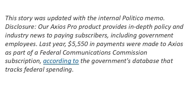 Disclosure made by Axios that they took money from the government