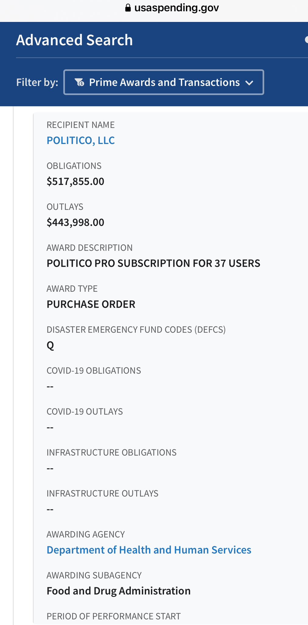 USASpending documents on subscriptions to Politico Pro.