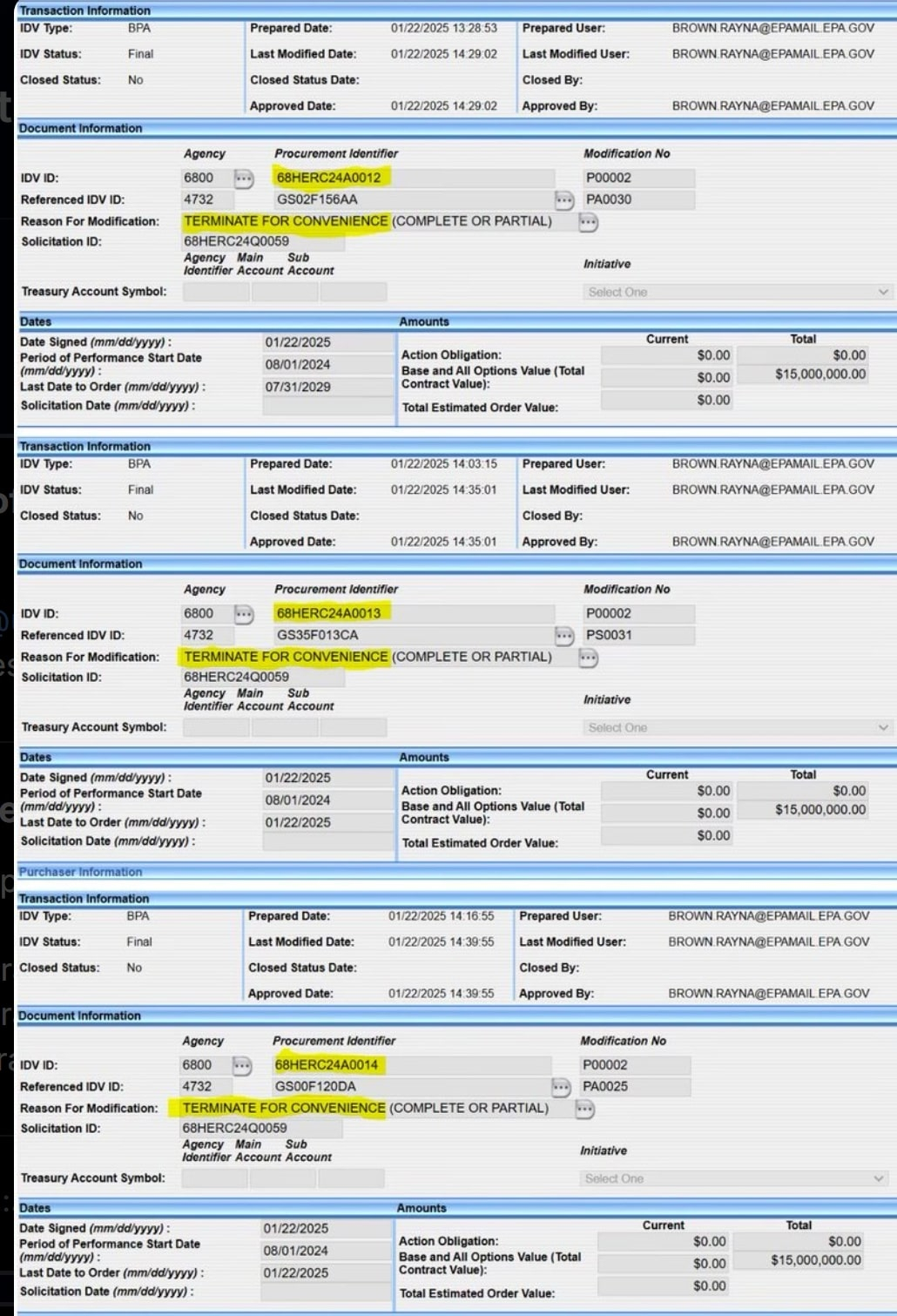 Picutre of EPA database canceling Politico subscriptions.