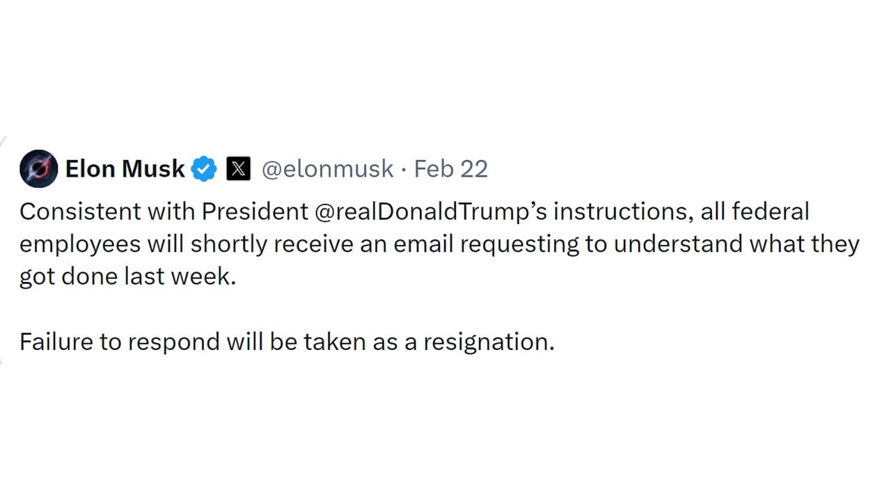 Picture of Elon Musk X-post directing workers to respond to a e-mail questionaire.
