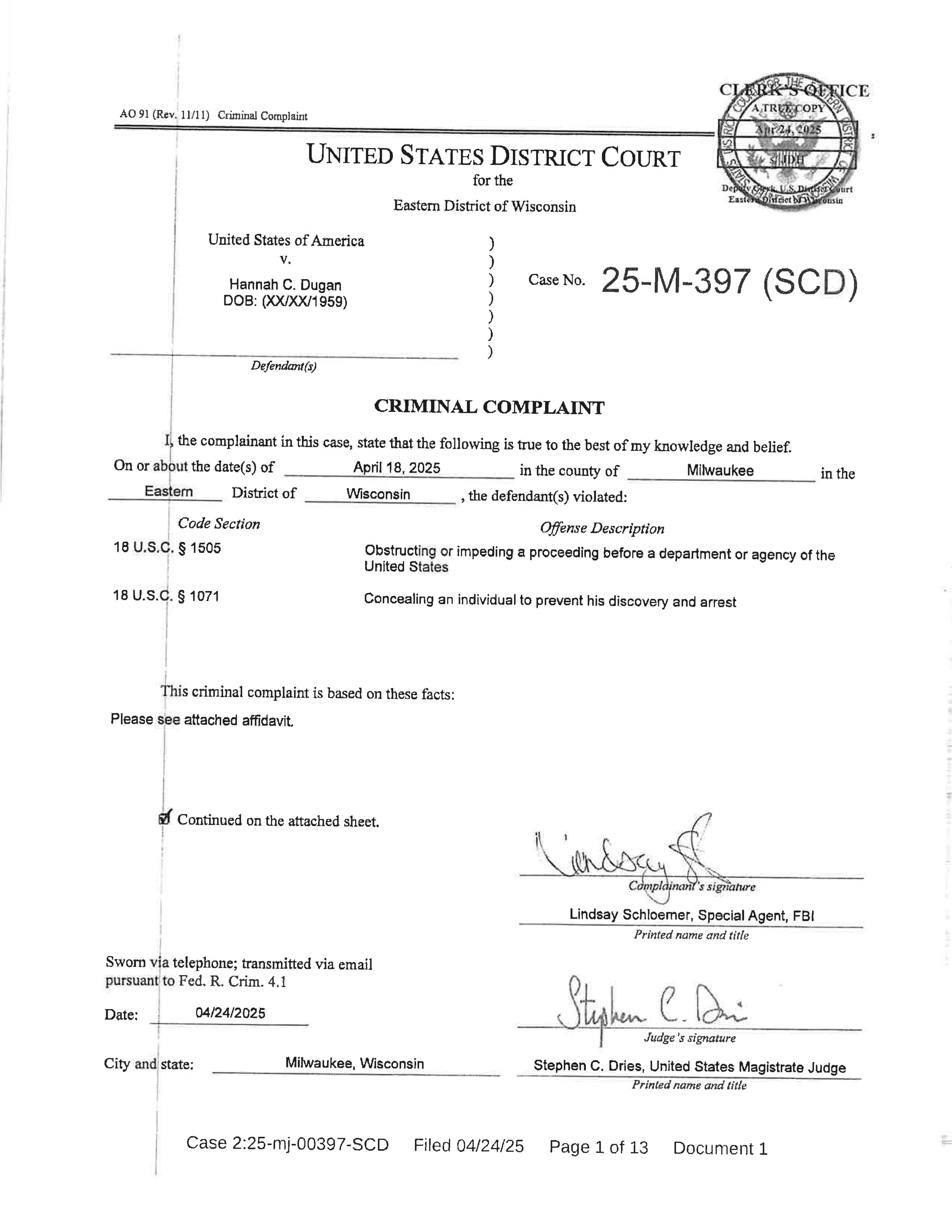 Picture of Criminal Complaint and affidavit United States vs. Hannah C. Dugan.