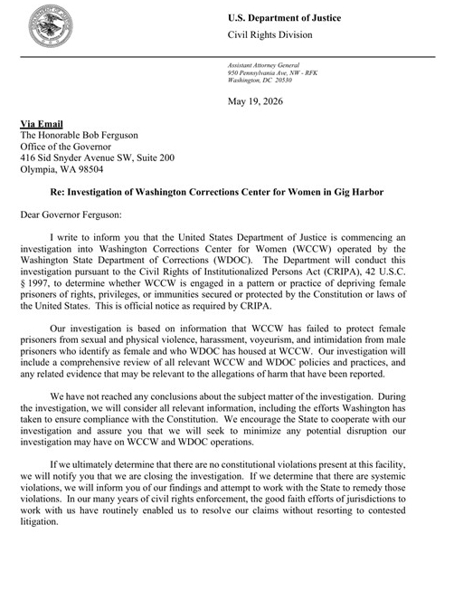 Front page of the notice to Washington State from the DOJ.